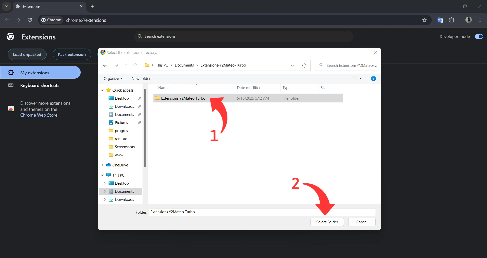 Select extension folder
